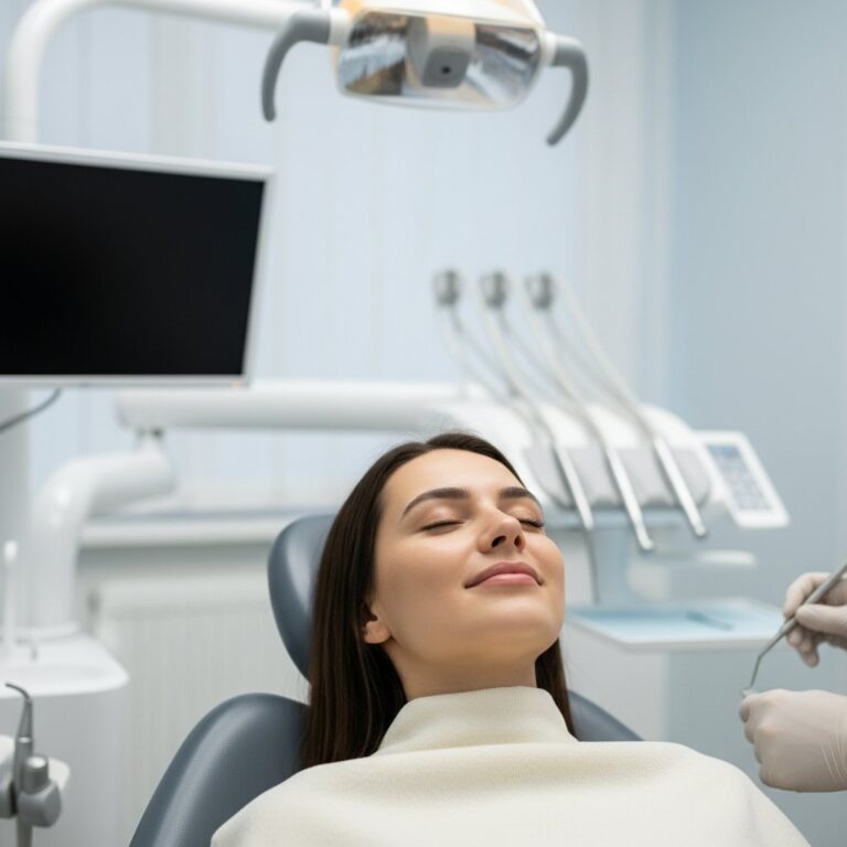 Relaxed patient in dental chair, soft lighting, serene expression. Gloved hands hint at dentist. Calming blues and grays.