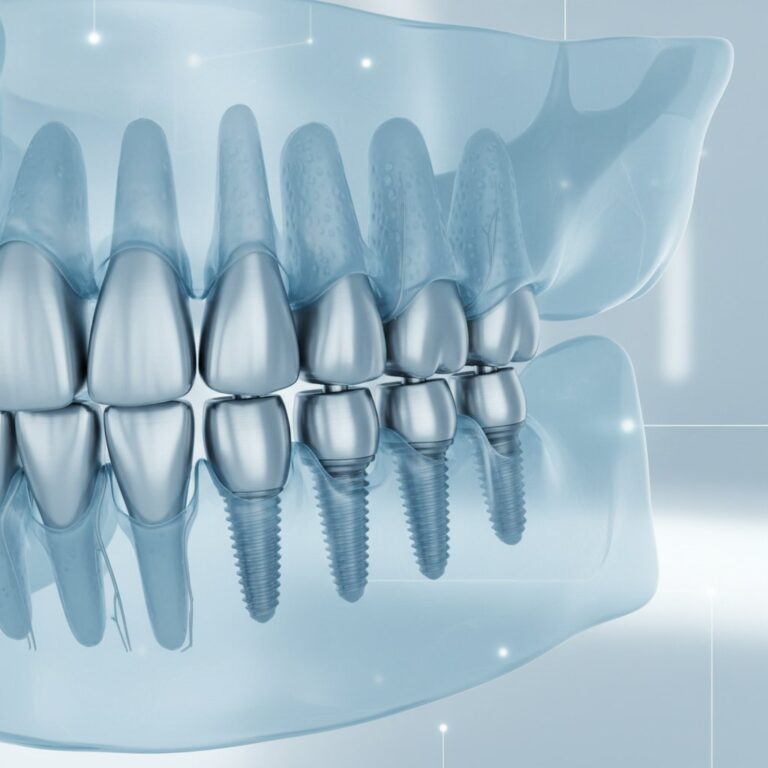 Digital 3D model of a semi-transparent jawbone with titanium dental implants. Cool blues, whites, and grays.