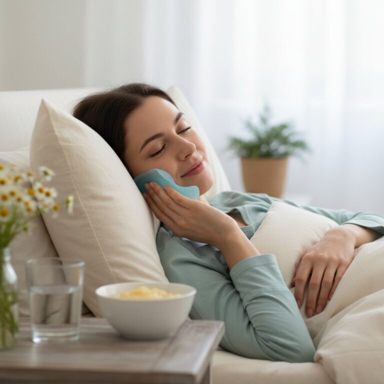 Woman rests in bed with a cool compress, smiling gently. A bedside table holds water, soft food, and chamomile flowers. Blue, green, and cream tones.