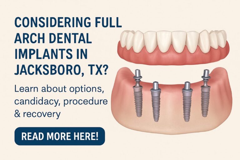 Photo of a smiling senior man in a dental chair, confidently displaying his new set of full arch dental implants. The dentist is visible in the background, making final adjustments. No text on image.