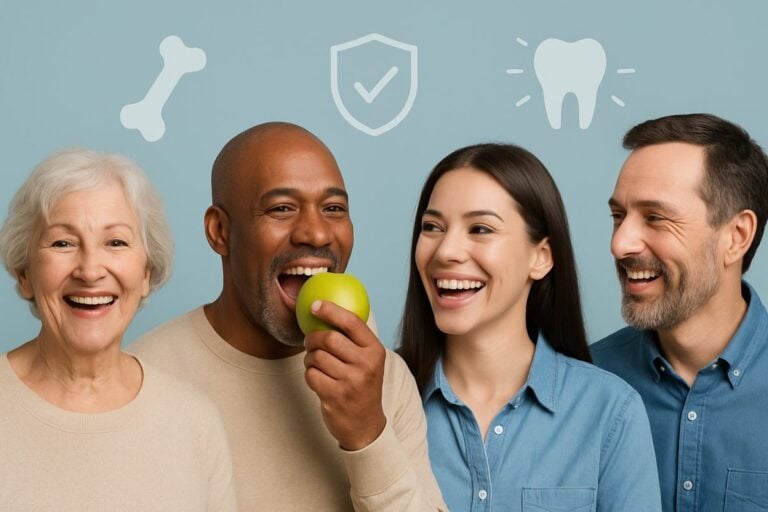 Photo depicting the dental implants benefits, showcasing a diverse group of people confidently smiling, eating, and talking. The background subtly features icons representing bone health, durability, and natural appearance, highlighting key advantages. No text on image.