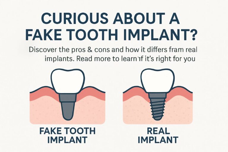 Close up comparison of an x-ray of a jaw with a traditional dental implant that is fully integrated into the jaw bone on the left, and a "fake tooth implant" that is loosely connected to the gum on the right. No text on the image.
