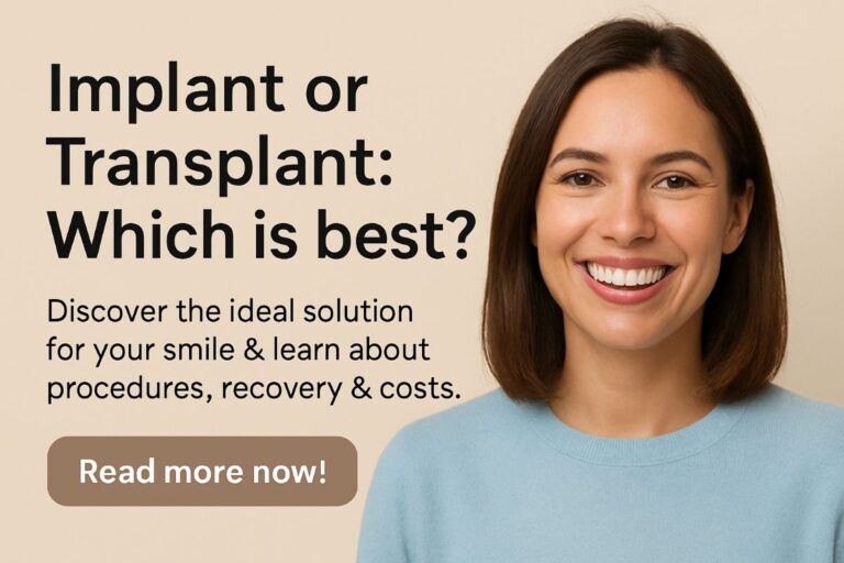 A side-by-side comparison of a dental implant being placed into a jawbone on one side, and a transplanted tooth being moved to a new location on the other side. No text on image.