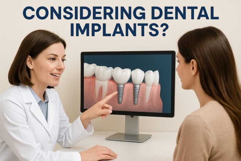 A dentist is consulting with a patient and pointing to a digital scan showcasing dental implant options. The text on the image reads "Considering Dental Implants?"