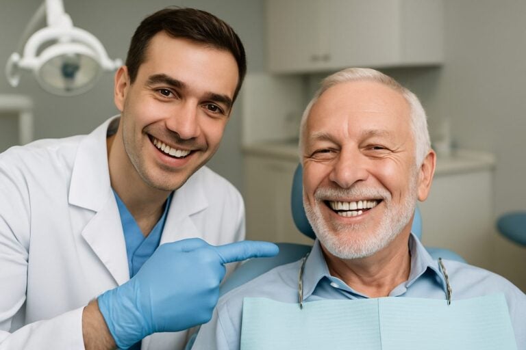 Photo of a dentist smiling while pointing to a set of full mouth dental implants in a patient's mouth. The patient is also smiling, clearly happy with the results. No text on the image.