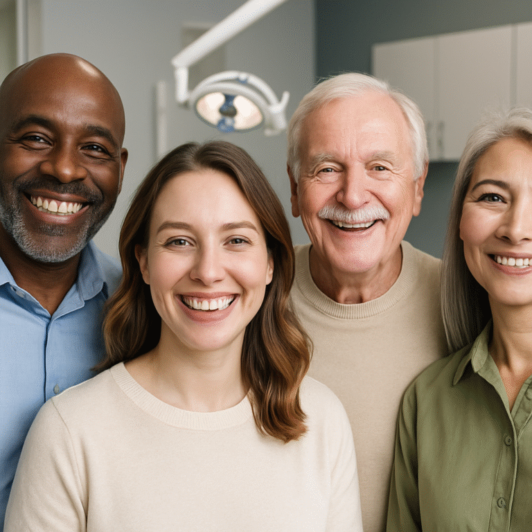 Photo of a diverse group of people smiling, showcasing various teeth replacement options, including dental implants, bridges, and dentures. The background is a modern dental office. No text on image.