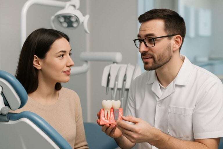 A person in a dental setting talking to their doctor about dental implants. Include modern dental equipment in the background. No text on the image.