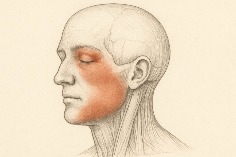 Anatomic drawing of a human head, highlighting the common areas where bruising may appear following wisdom tooth extraction: the cheek, lower eyelid, and jaw. No text on image.