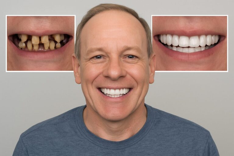 Image of a patient smiling, showcasing their dental implants. Include before and after photos in the background, highlighting the transformation achieved through dental implants. No text on image.