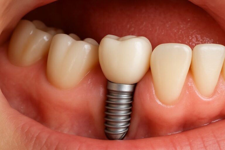 A close-up studio shot of a dental implant seamlessly placed in a patient's mouth, highlighting its natural appearance and functionality. No text on image.