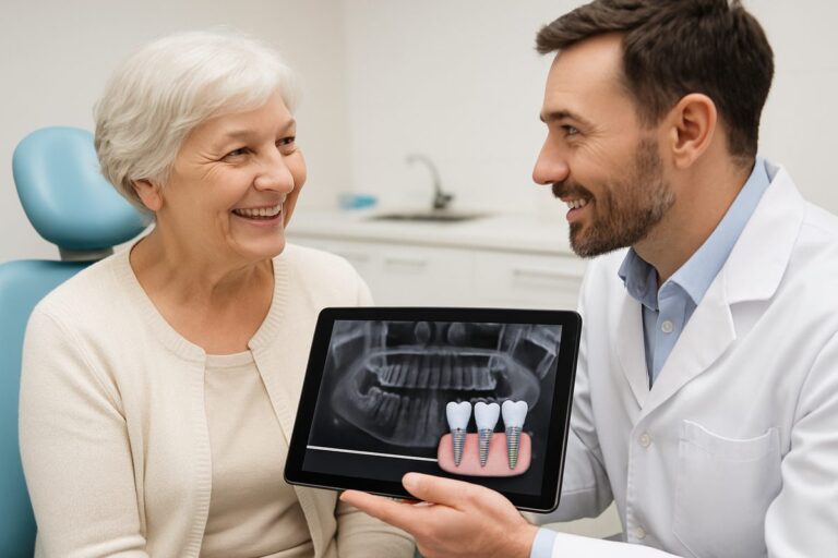 Photo of a smiling senior woman talking with her dentist about dental implant procedures, reviewing a digital scan of her mouth. No text on the image.