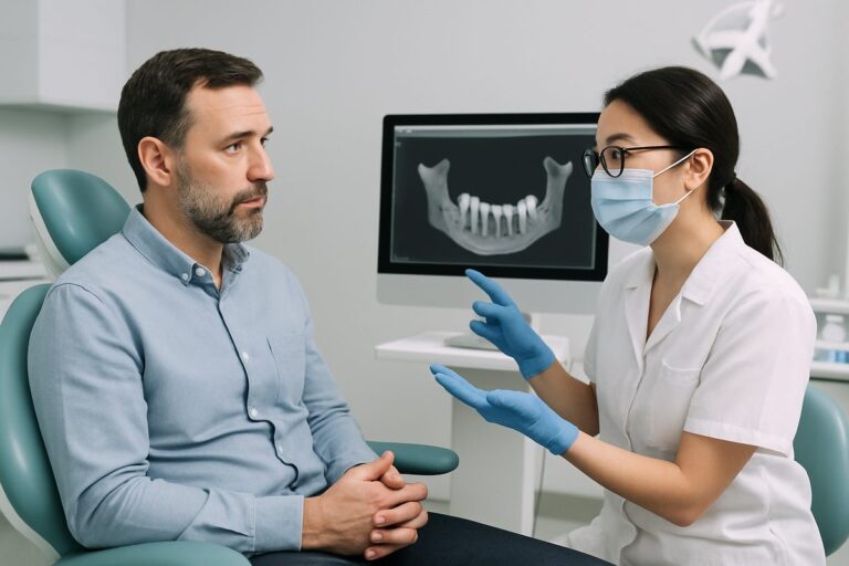 A patient is sitting in a modern dentist's chair, consulting with a dentist about options for dental implants, with a digital scan of the patient's jaw displayed on a nearby monitor. No text on the image.