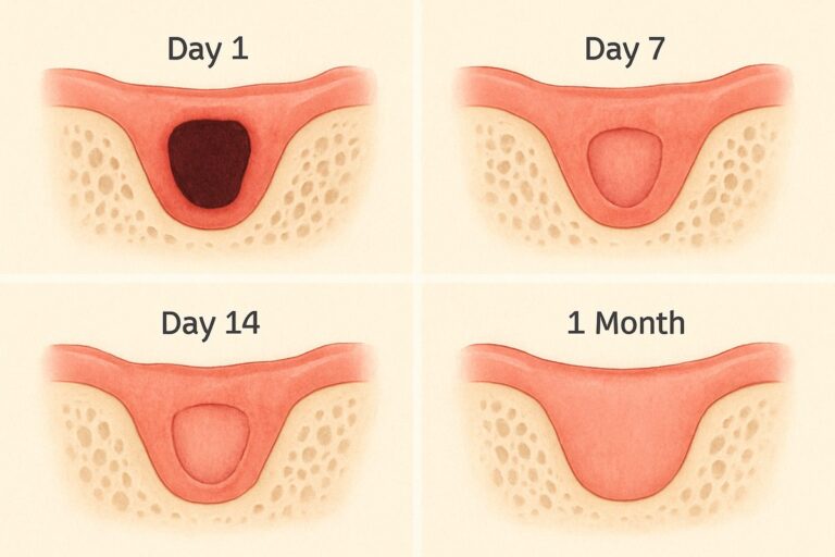 Photo of a diagram of a healing wisdom tooth extraction site in the gums. The diagram is labeled "Day 1", "Day 7", "Day 14", and "1 Month". No text on the image.