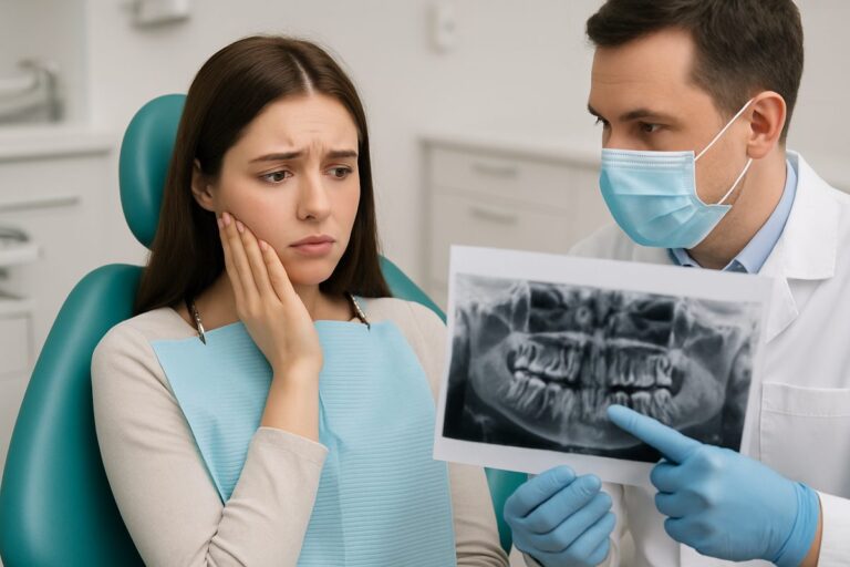 Image of a young woman in a dental chair, looking anxious as a dentist explains the wisdom teeth extraction procedure using a panoramic X-ray. No text on image.