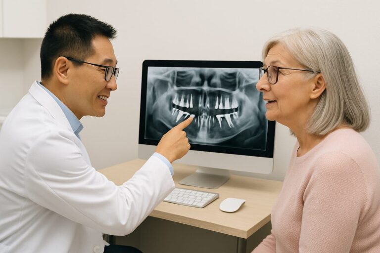 A dentist is consulting with a mature female patient in their office. The dentist is pointing at a panoramic x-ray on a computer screen, explaining full mouth dental implant options and candidacy to her.