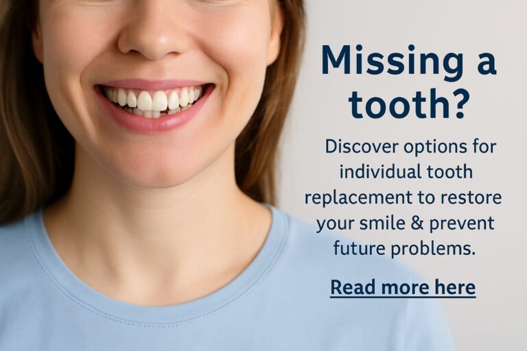 A close-up of a dental implant being placed in a patient's jaw, showcasing the precision and care involved in individual tooth replacement. No text on image.