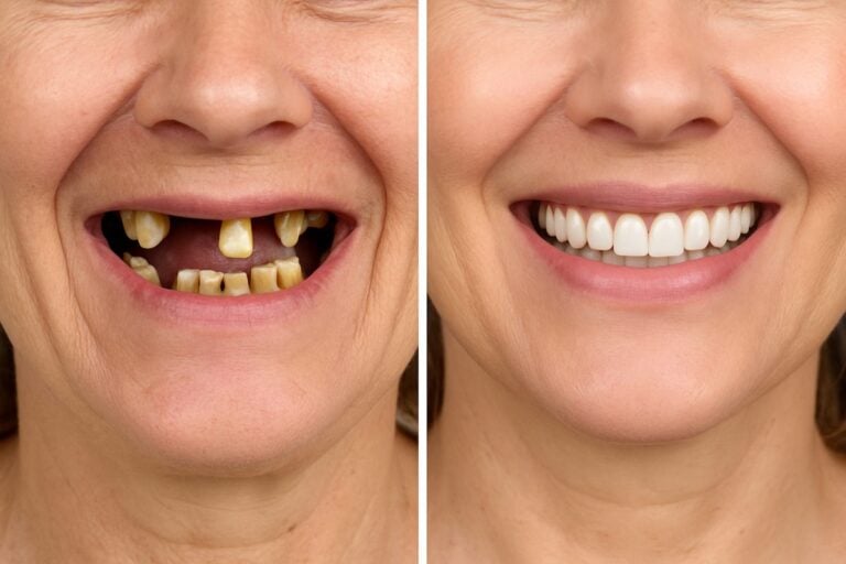 Collage image showcasing before and after dental implant transformations. The left side depicts a person with missing or damaged teeth, while the right side shows the same person with a complete, healthy smile after dental implant treatment. No text on the image.