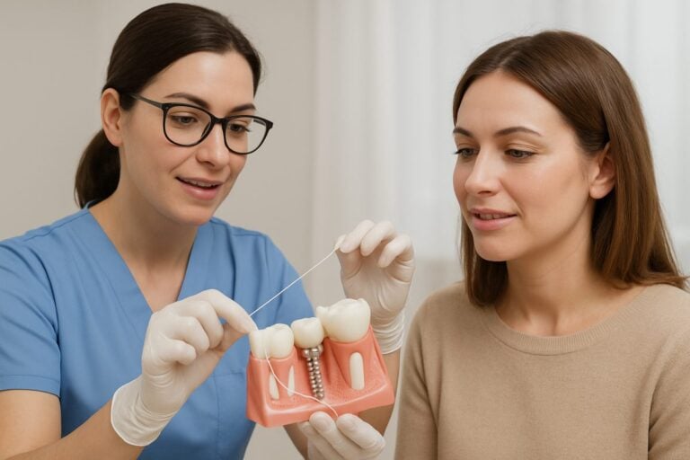 Image of a dental professional demonstrating correct flossing technique around a dental implant to a patient.