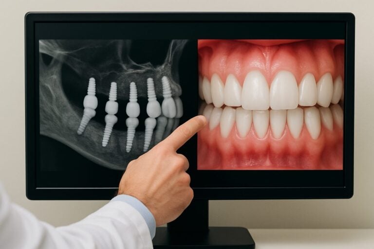 A close-up image showing a dentist pointing to a digital scan of a patient's jawbone with dental implants in place, next to an image of healthy gums. No text on the image.