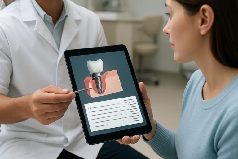 A close-up image showcasing a dentist consulting with a patient about dental implant options, with a focus on the itemized cost breakdown on a tablet screen. No text on the image.
