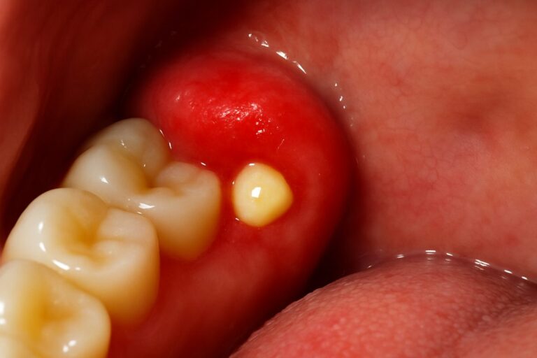 Close-up of an inflamed gum area at the back of the mouth, partially covering a wisdom tooth, with a visible pocket of pus. No text on image.