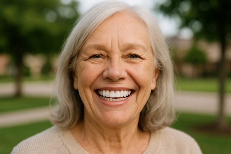 Image of a smiling senior woman in Allen, TX, showcasing her new full arch dental implants. Focus on the natural look and feel, highlighting the life-changing benefits of the procedure. No text on the image.