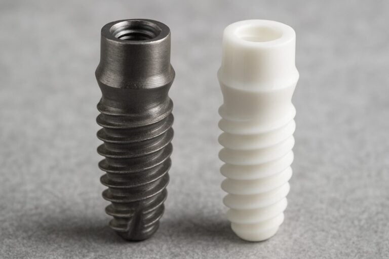 Close up image comparing a titanium dental implant screw to a zirconia dental implant screw. No text on the image.
