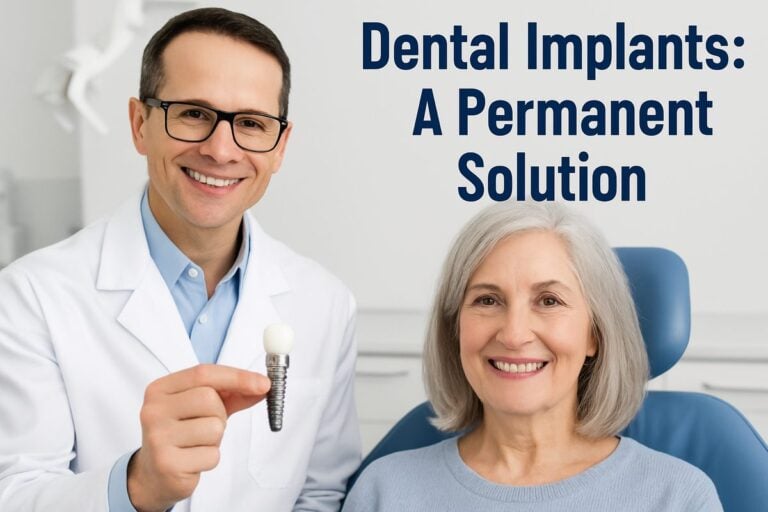 A dentist is holding a dental implant next to a smiling, mature female patient. The text on the image reads "Dental Implants: A Permanent Solution"