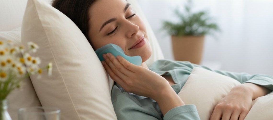 _1760377294 Woman rests in bed with a cool compress, smiling gently. A bedside table holds water, soft food, and chamomile flowers. Blue, green, and cream tones.