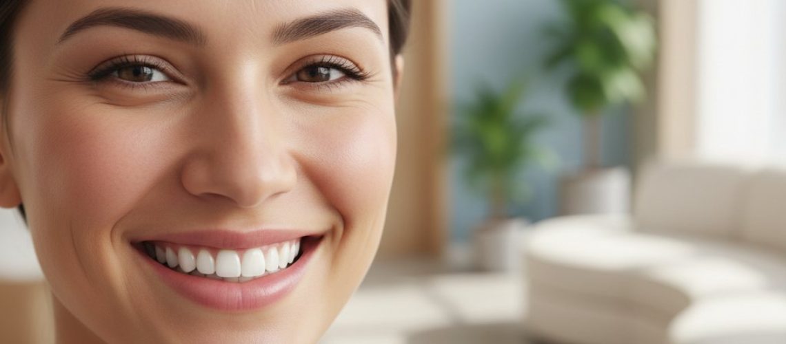 Confident person smiles, showcasing bright, natural teeth. Dental office background, warm colors, portrait orientation.