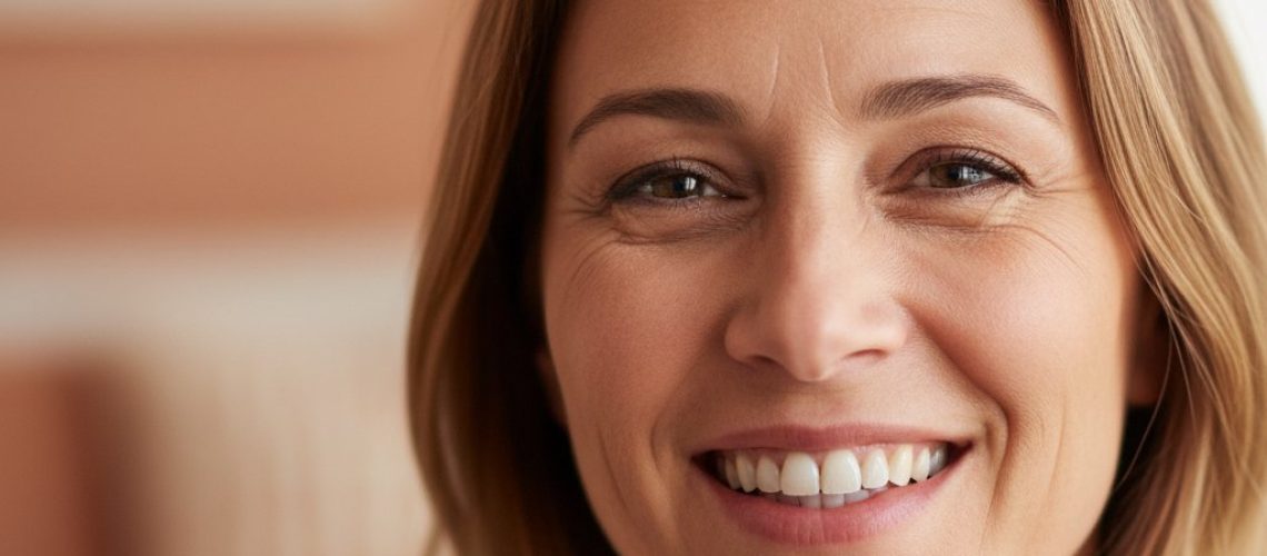 Smiling mature woman's portrait. Kind eyes, natural smile with slight dental imperfections, warm lighting, soft blurred background. Optimistic and resilient.