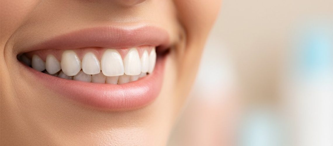 Radiant smile close-up. Healthy, natural teeth are in focus. Soft background is a modern dental office with warm, inviting light.