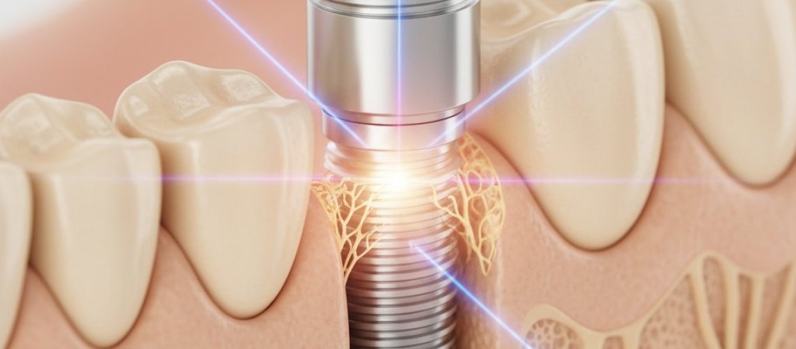 Close-up of healthy jawbone integrated with a titanium dental implant, showcasing osseointegration. Warm colors, shallow depth of field.