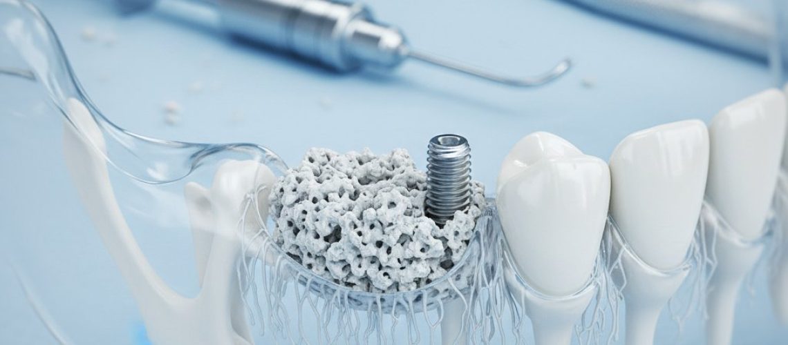 _1760377360 Close-up of jawbone with dental implant site. Bone graft in progress. Surgical tools blurred behind. Blue/white tones, soft lighting.
