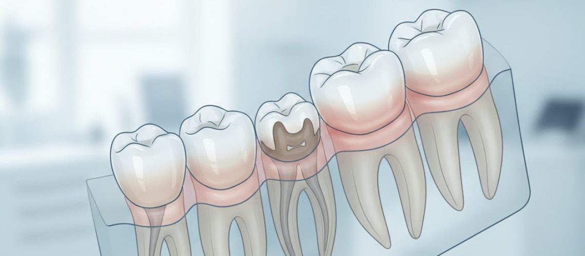 Medical illustration of partially erupted lower wisdom teeth with inflamed gums, set against a blurred dental office background.