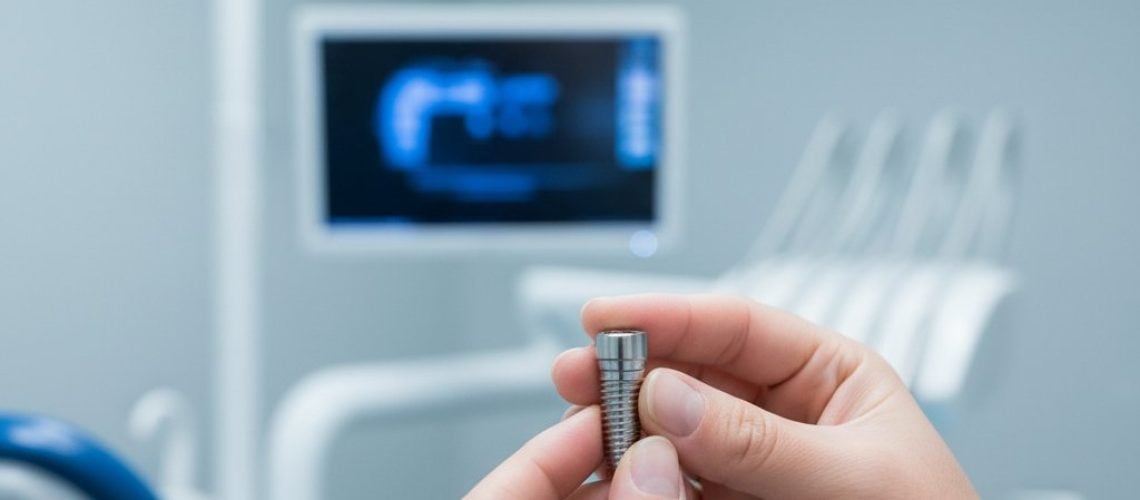 Dental implant held carefully in gloved hands. Sterile surgery, blurred equipment, cool tones. Precision dentistry.
