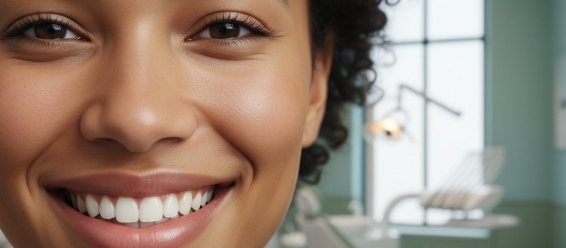 _1760377550 Smiling person with healthy teeth and gums in a blurred dental office. Focus on a natural-looking smile showcasing dental implants.