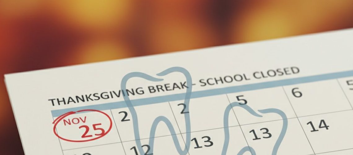 _1760377583 Close-up of a calendar page with a date circled during school break. Faint wisdom tooth shapes overlay the warm-toned, softly lit page.