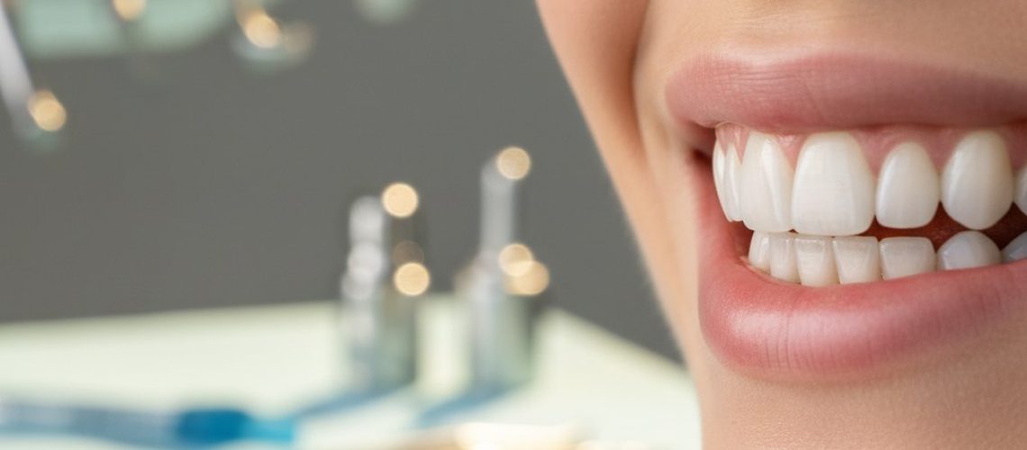 Radiant smile close-up. Single dental implant seamlessly blends with natural teeth and healthy gums. Soft lighting, blurred dental background.