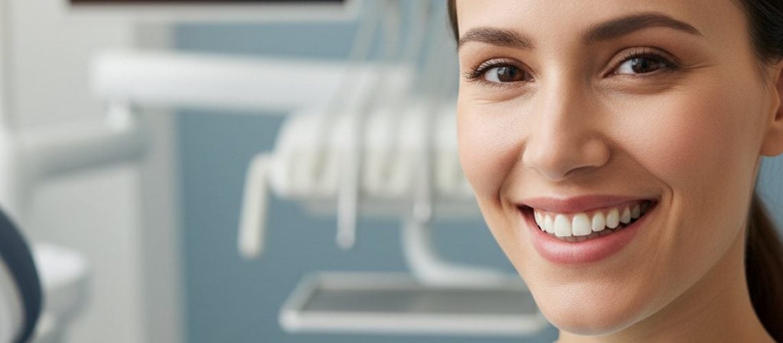 Smiling patient in a dental office. Warm, happy expression, trustworthy eyes. Clean, modern, calming environment.