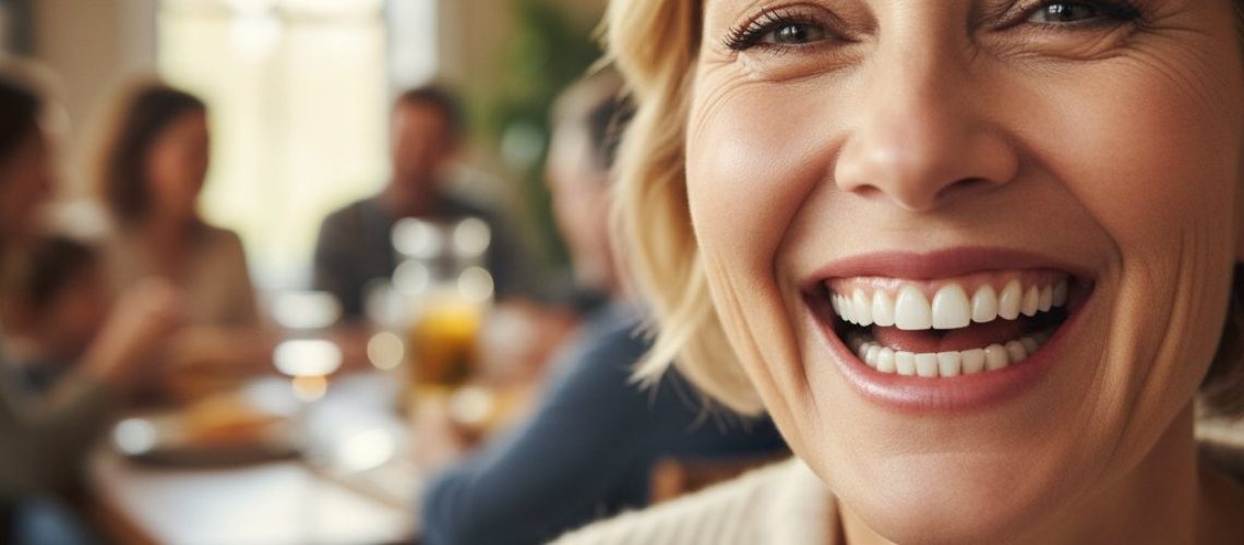 _1760377735 Smiling mature woman with restored teeth, laughing genuinely. Soft, warm light, blurred family background. Joyful, confident.