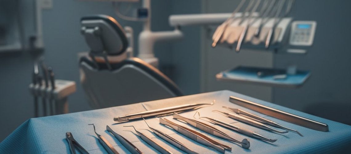 Close-up of dental surgical instruments on blue drapes. Warmly lit, sterile environment suggests advanced dental care.