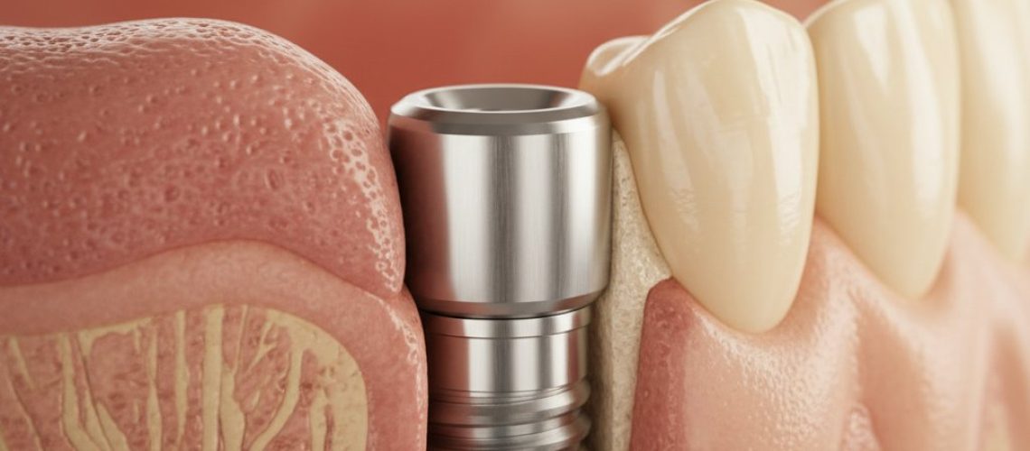 Close-up of a healthy jawbone seamlessly integrated with a modern titanium dental implant, highlighting successful osseointegration.