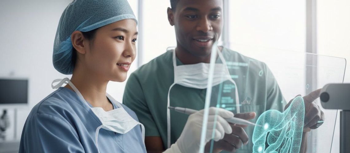 _1760377869 Healthcare team reviews 3D surgical plan in a modern suite. Calming blues, greens, and soft lighting convey expertise and patient care.