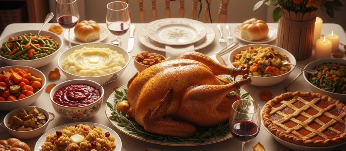 Thanksgiving table laden with food. Empty chair and wilted flower hint at absence amid abundance.