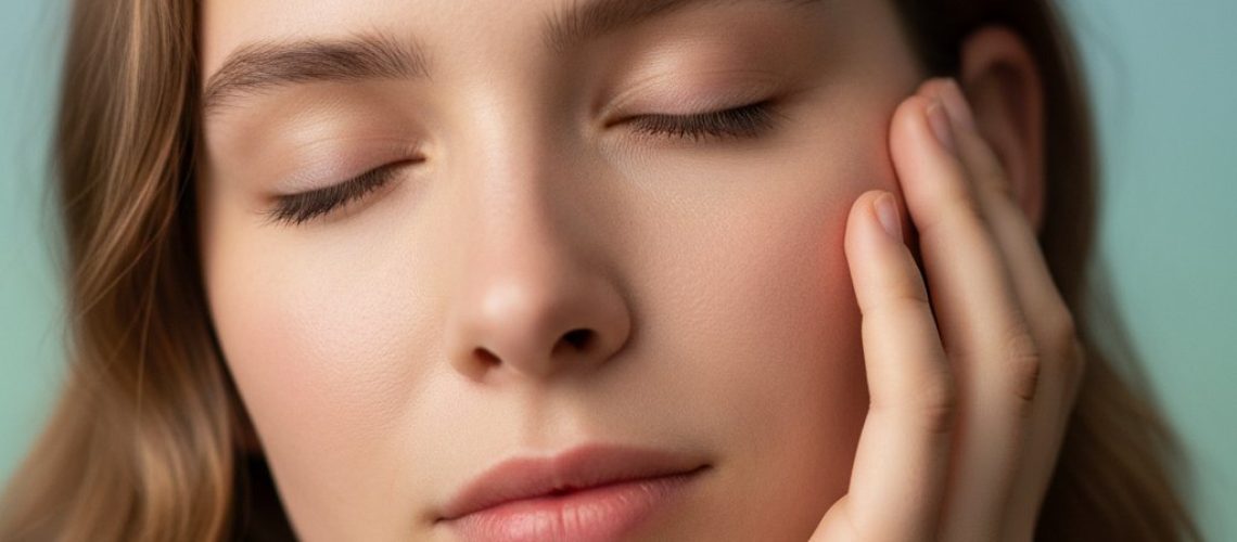 _1760377946 Close-up of a young adult's face with eyes closed, cheek resting on hand. Soft, warm light and blurred blue-green background suggest peace.