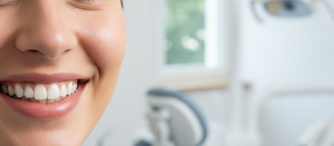 Close-up of a person smiling with perfect, healthy teeth in a modern, clean dental office. Soft, diffused lighting.