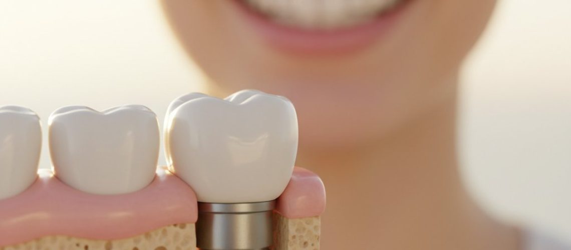 Close-up of dental implant seamlessly integrated with healthy gums and bone. Blurred smile background suggests oral health.