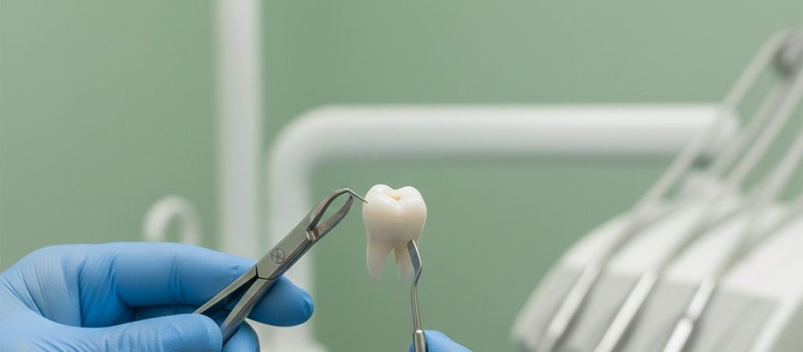 _1760378008 Dentist's gloved hands hold extraction tools (forceps, elevator) near a molar in a modern, blue and white dental setting.