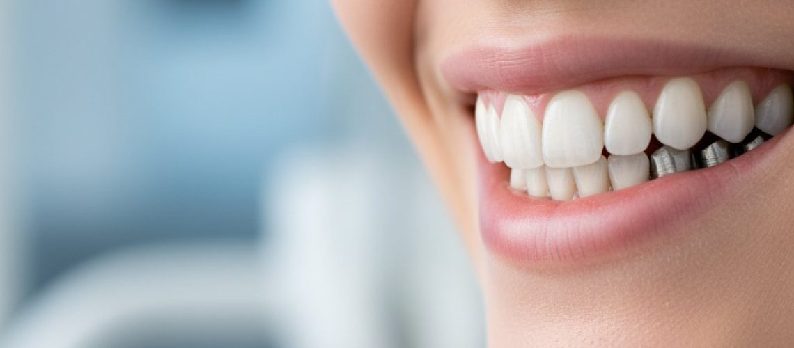 Close-up of a healthy smile with seamlessly integrated dental implants. Soft lighting highlights natural teeth and gums in a modern dental setting.